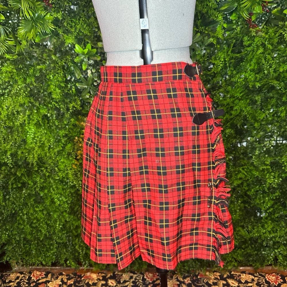 Tracy Evans Red Plaid Mini Skirt with Black Buckles